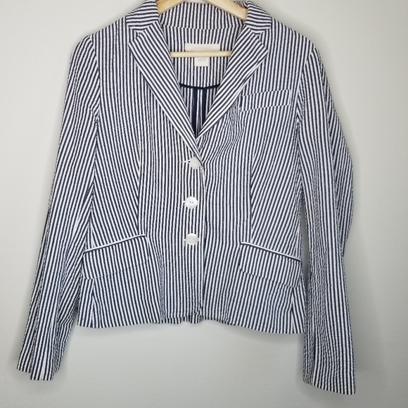 Sandro Seersucker Navy and White Cotton Blazer - Picture 2 of 5